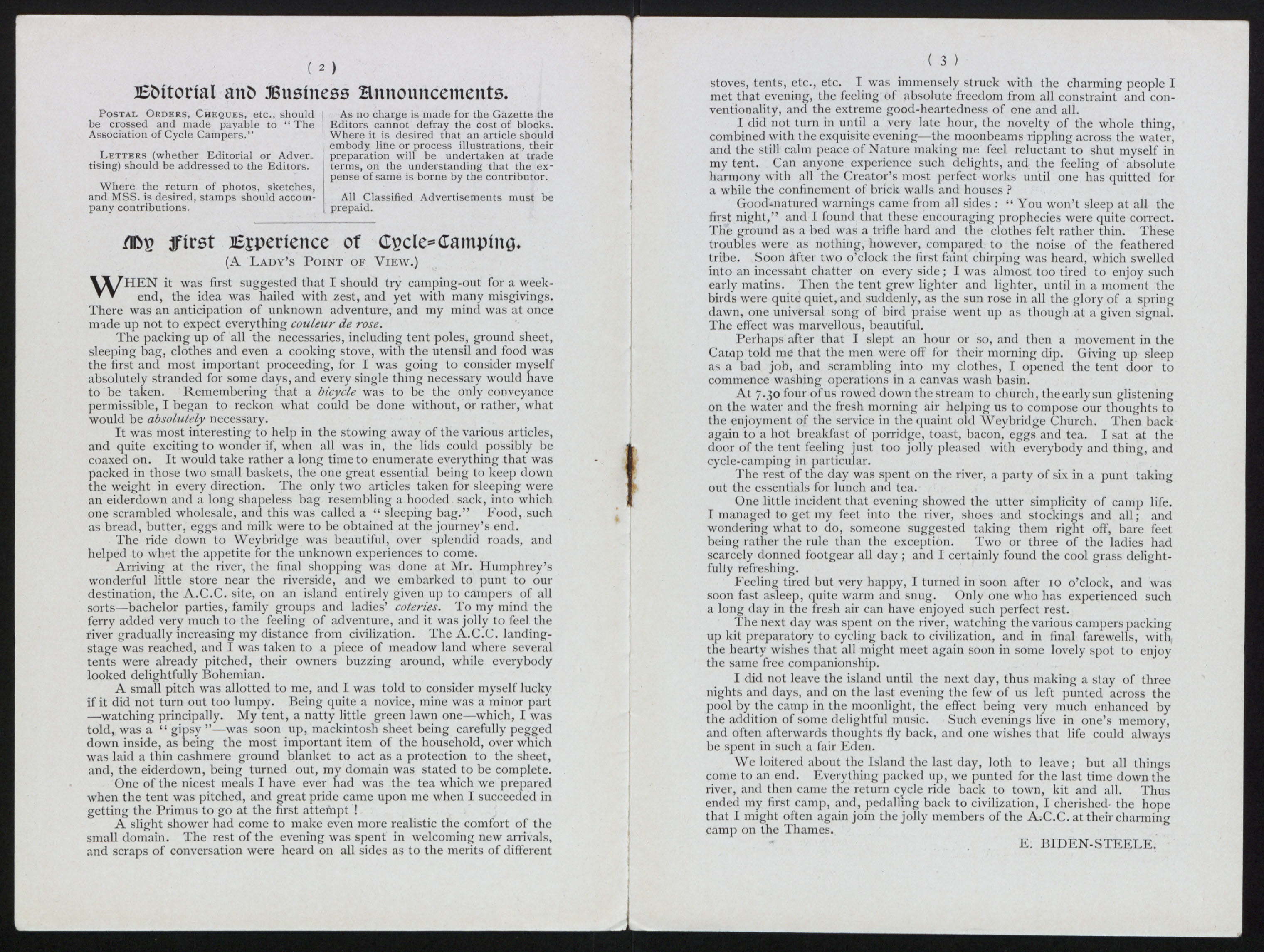My First Experience of Cycle Camping magazine March 1907